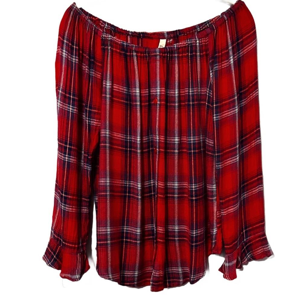 Elan Women's‎ Plaid Flannel Top Size Small Off-Shoulder 3/4 Ruffle Sleeve